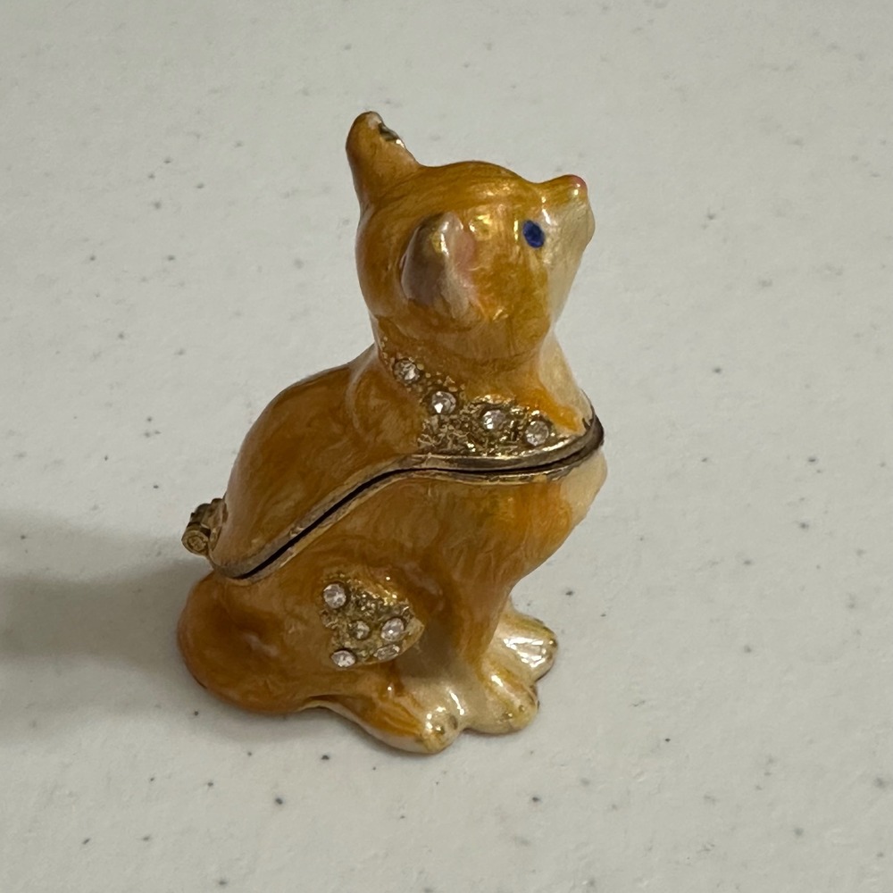 Enamel Rhinestone Cat‎ Trinket Box Magnetic Hinged Miniature Figurine Tabby 2" - Picture 5 of 8